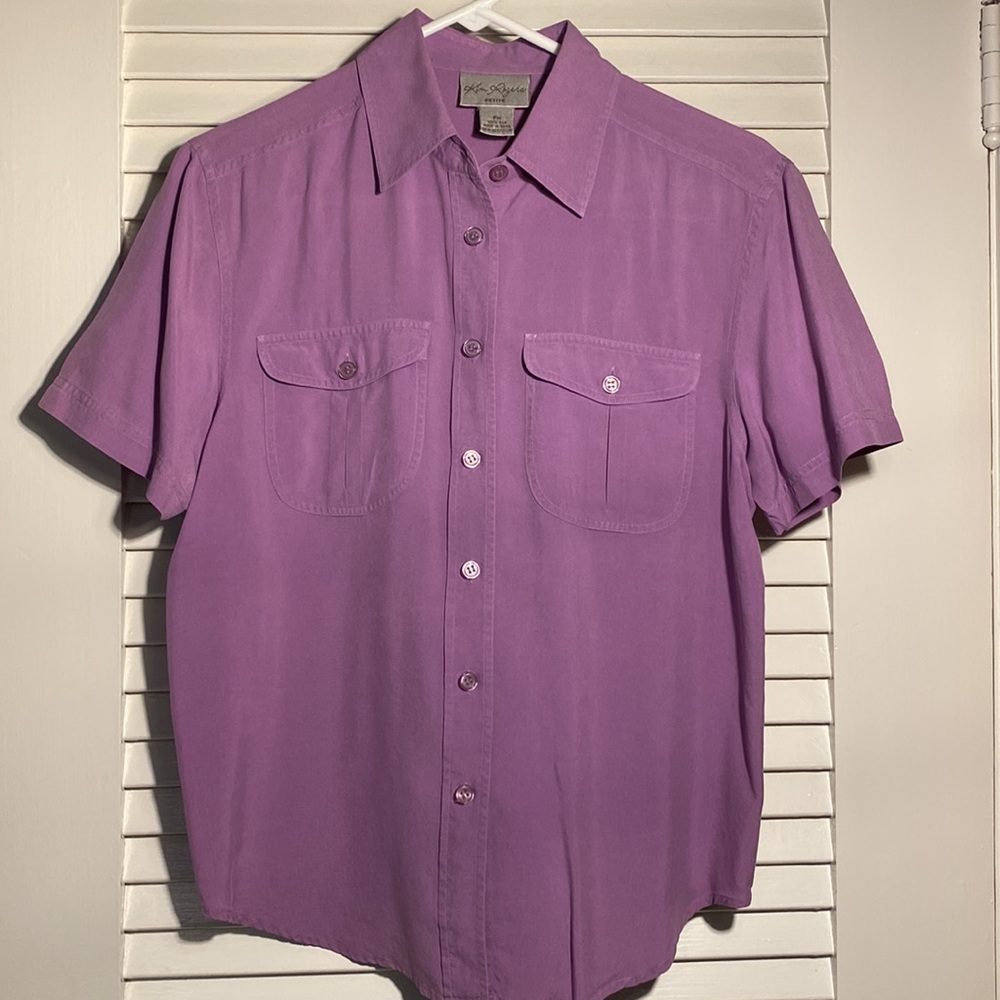 Vintage purple short sleeve silk shirt, button down, PM, Kim Rogers